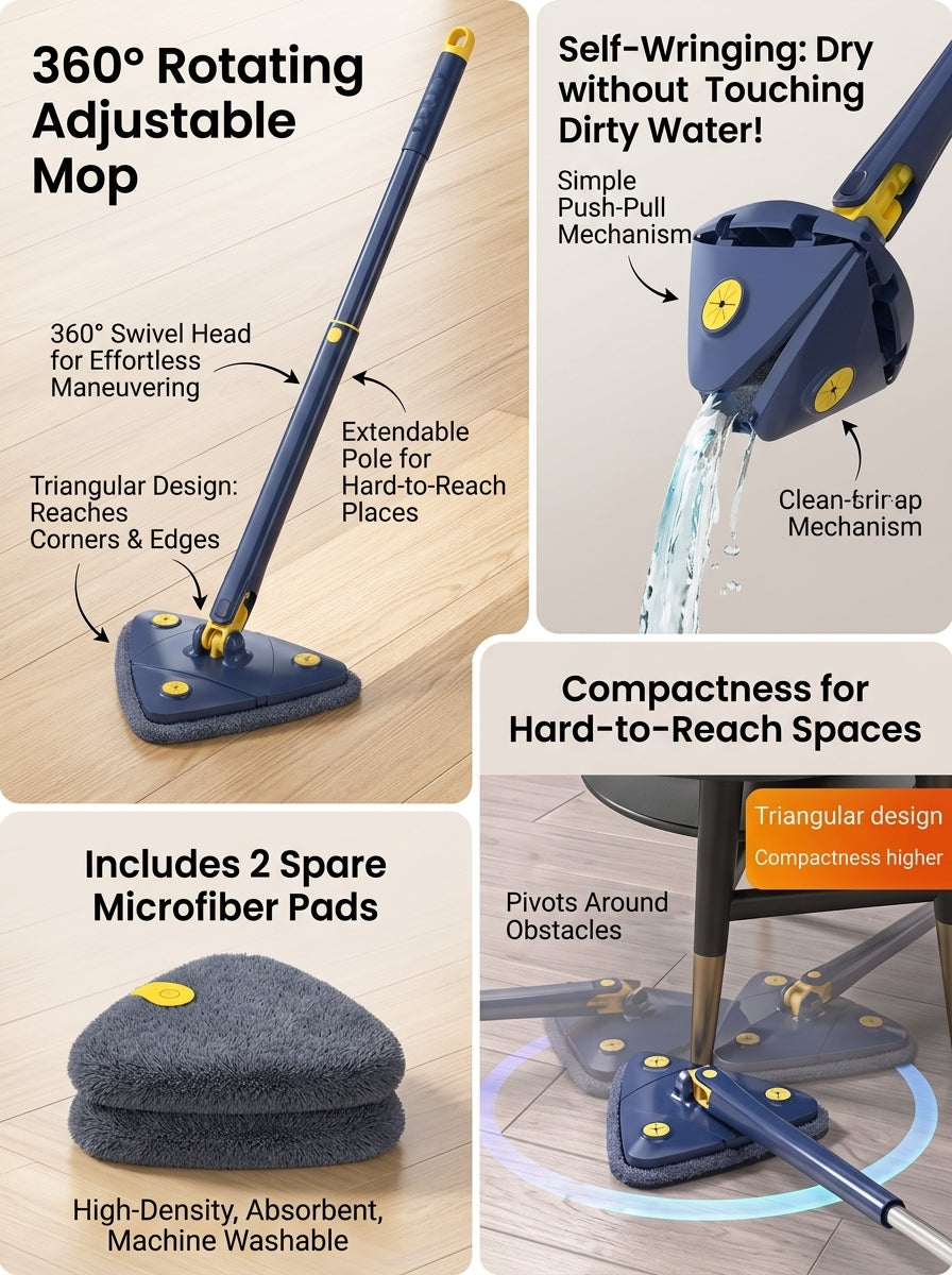 360° Rotating Triangle Cleaning Mop – Effortless Deep Cleaning for Every Corner