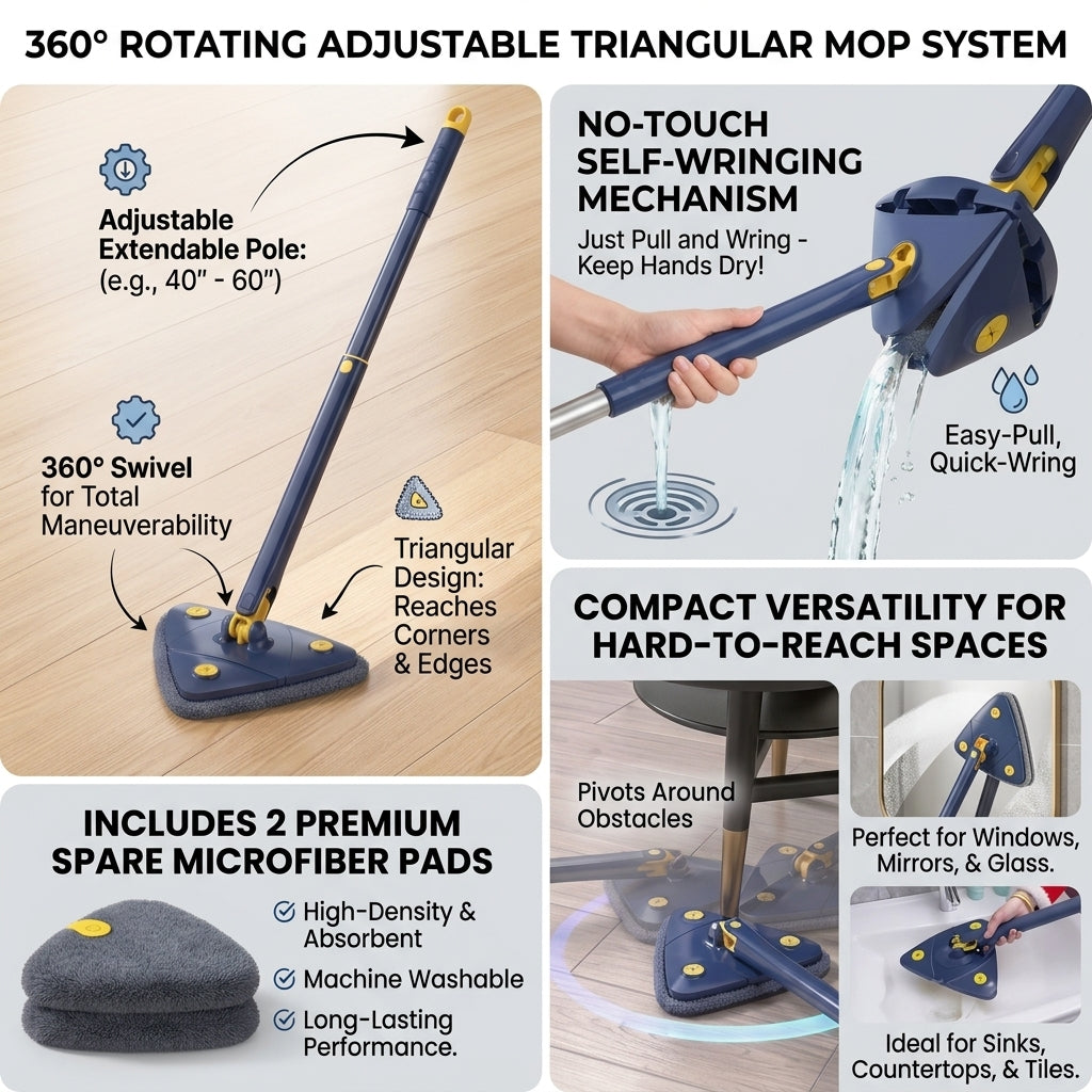 360° Rotating Triangle Cleaning Mop – Effortless Deep Cleaning for Every Corner