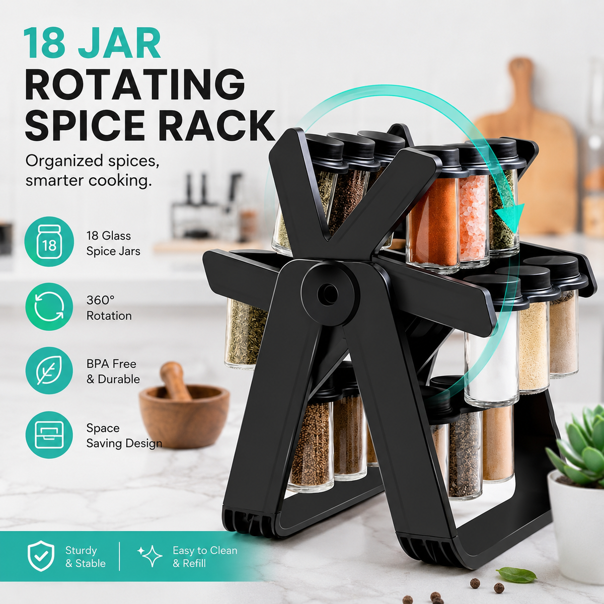 18-Jar Rotating Spice Rack – Organized, Accessible & Stylish Kitchen Storage
