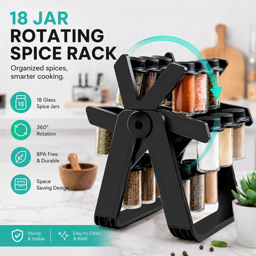 18-Jar Rotating Spice Rack – Organized, Accessible & Stylish Kitchen Storage