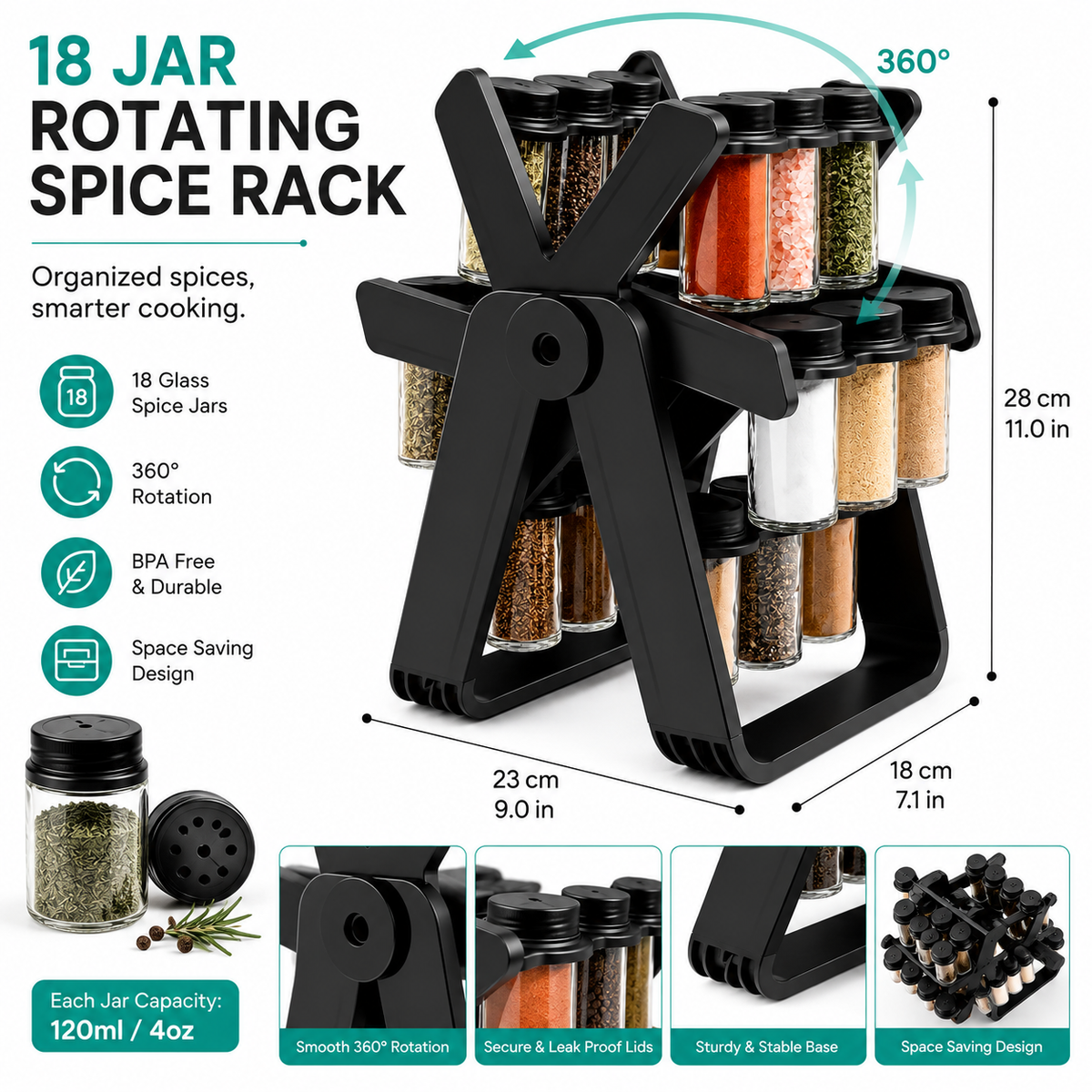 18-Jar Rotating Spice Rack – Organized, Accessible & Stylish Kitchen Storage