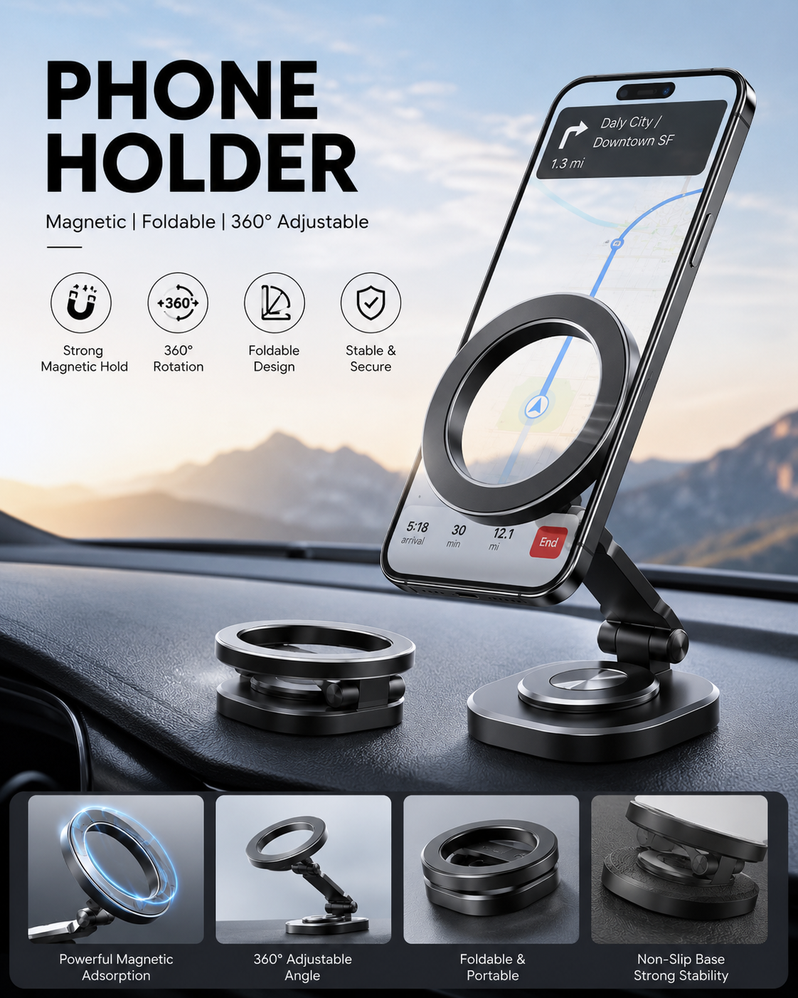 Magnetic Foldable Phone Holder for Secure, Hands-Free Viewing Anywhere