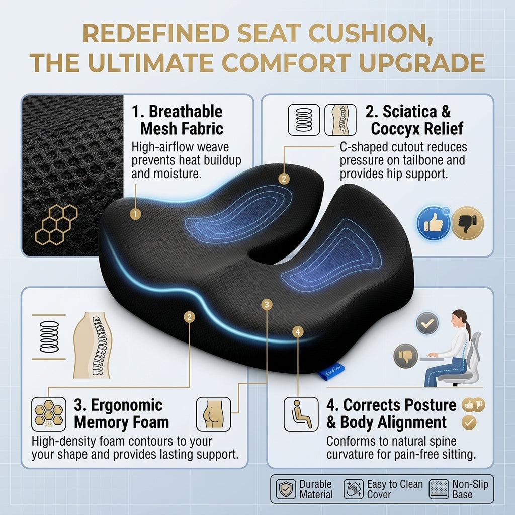 Orthopedic Seat Cushion – Ergonomic Support for Comfortable Back Pain Relief
